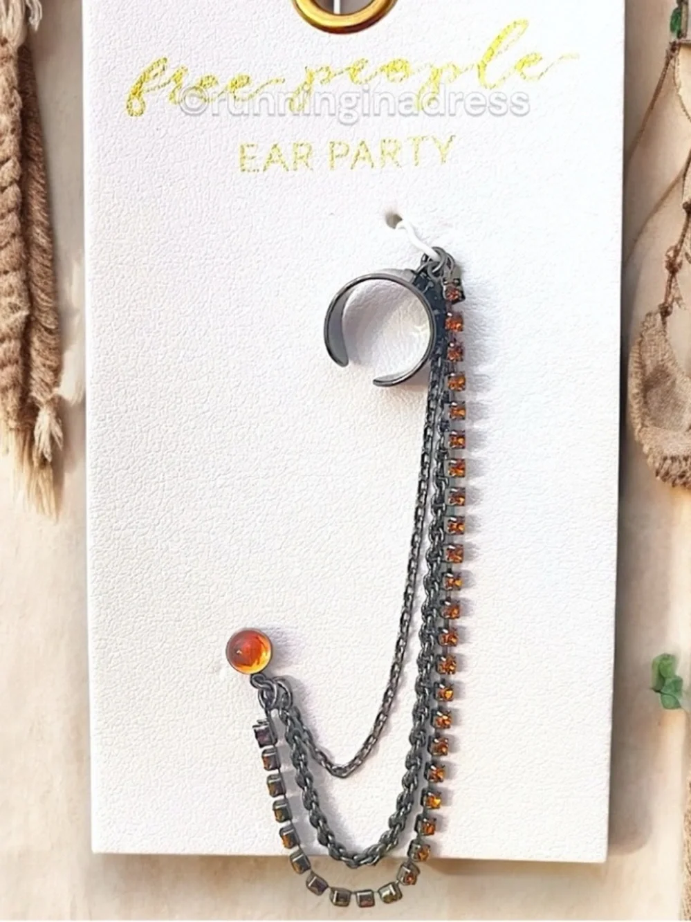 Free People Ear Party Chain Cuff Earring NWT Gunmetal Amber Orange Rhinestone